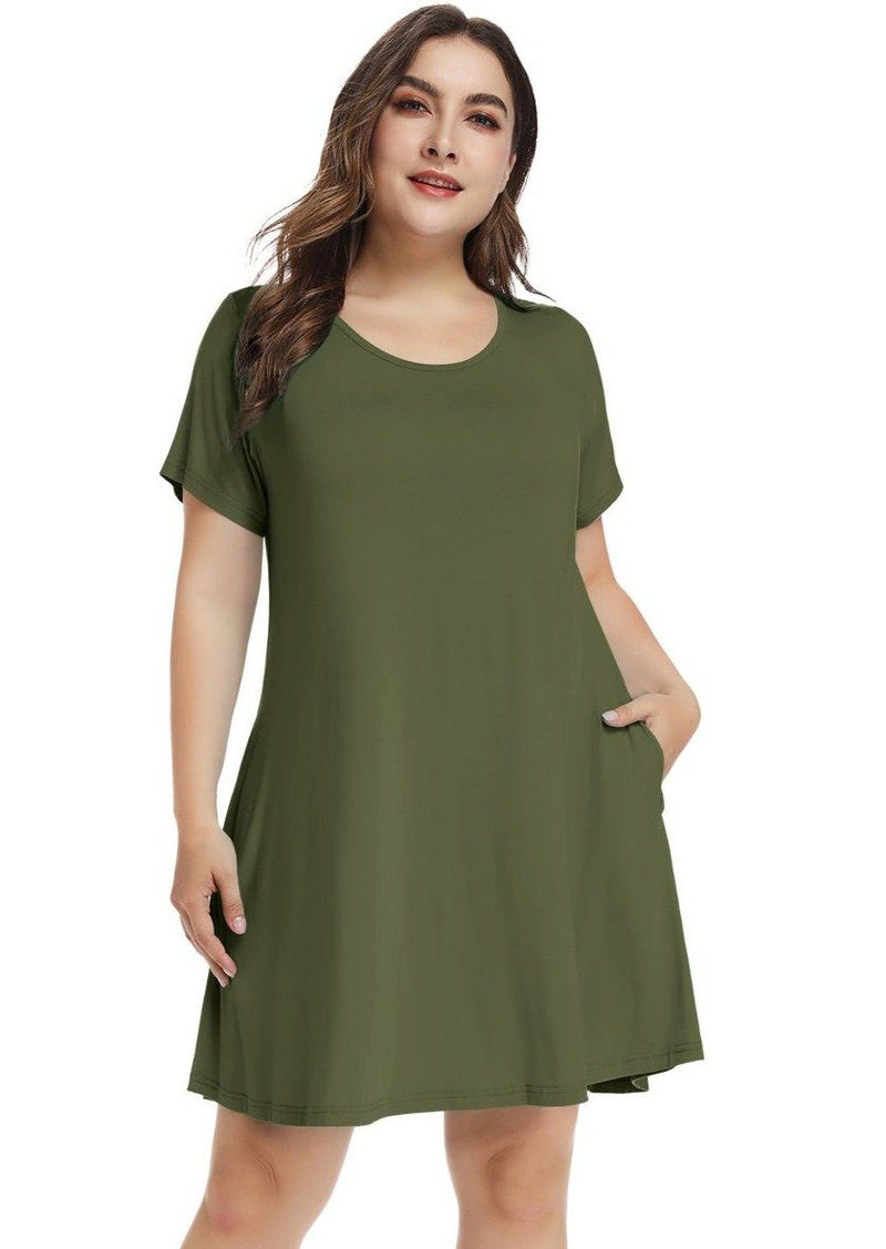Women's Short Sleeve Swing Tunic Casual Pockets Loose T Shirt Dress-LARACE 8049.