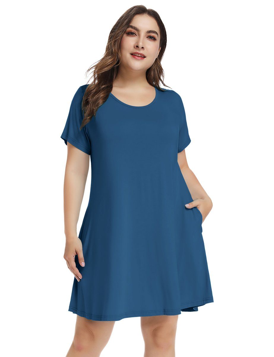 Women's Short Sleeve Swing Tunic Casual Pockets Loose T Shirt Dress-LARACE 8049.