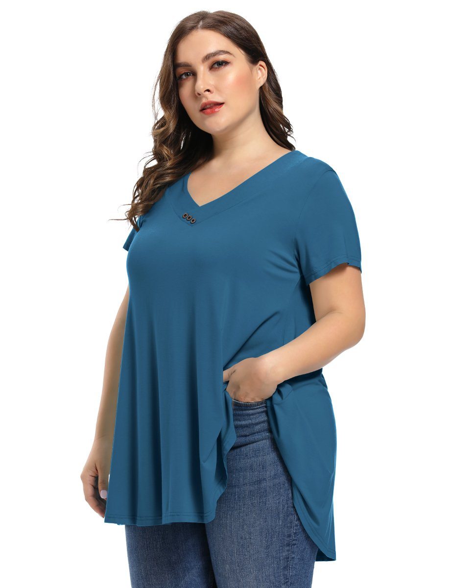 Women's Plus Size Tunic Short Sleeve V Neck Blouses Basic Shirt-LARACE 8054.