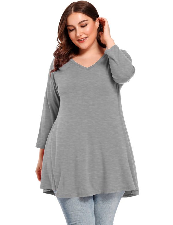 Women's V Neck Loose Fit Flowy 3/4 Sleeve Plus Size Top -LARACE 8057.