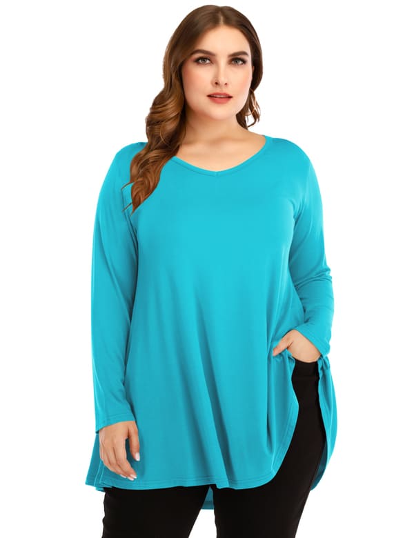 V Neck Loose Fit Flowy Long Sleeve Tunics Tops Plus Size for Women - LARACE 8056.