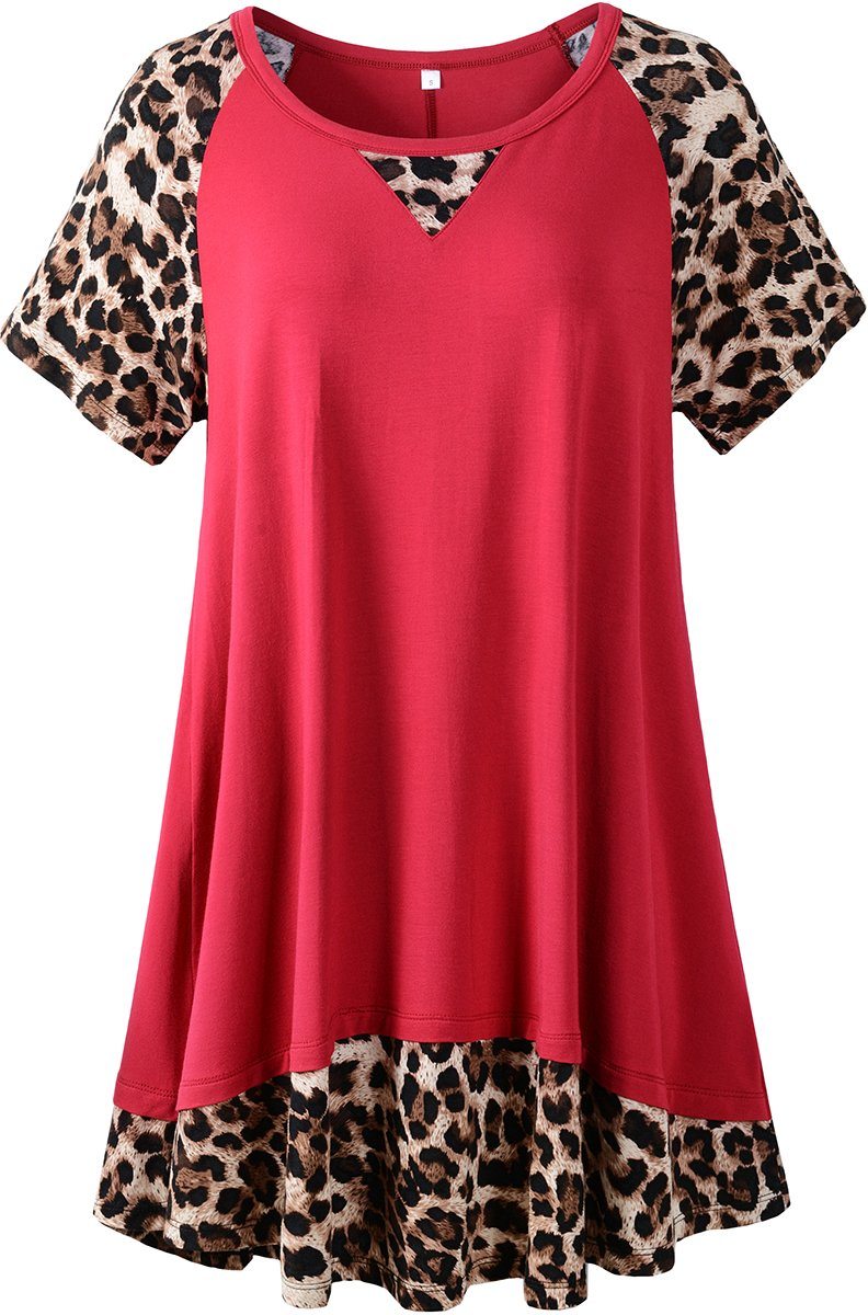 LARACE Plus Size Tunic Leopard Tops for Women Contrast Color Short Sleeve Summer T-Shirt-8065.