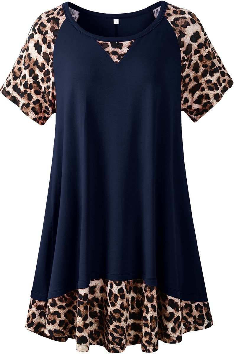 LARACE Plus Size Tunic Leopard Tops for Women Contrast Color Short Sleeve Summer T-Shirt-8065.