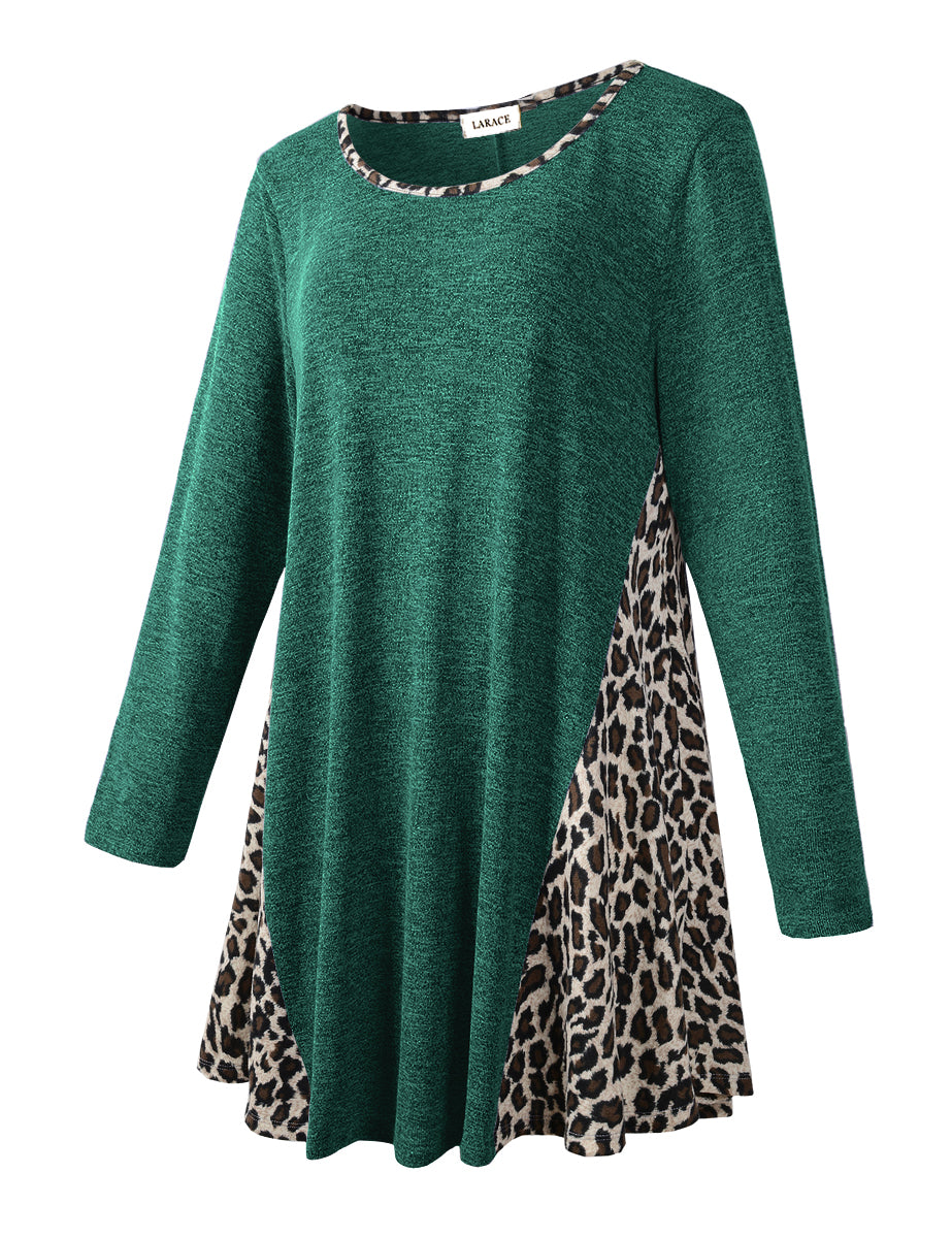 LARACE Plus Leopard Long Sleeve Flowy Shirt Loose Sweater-8084.