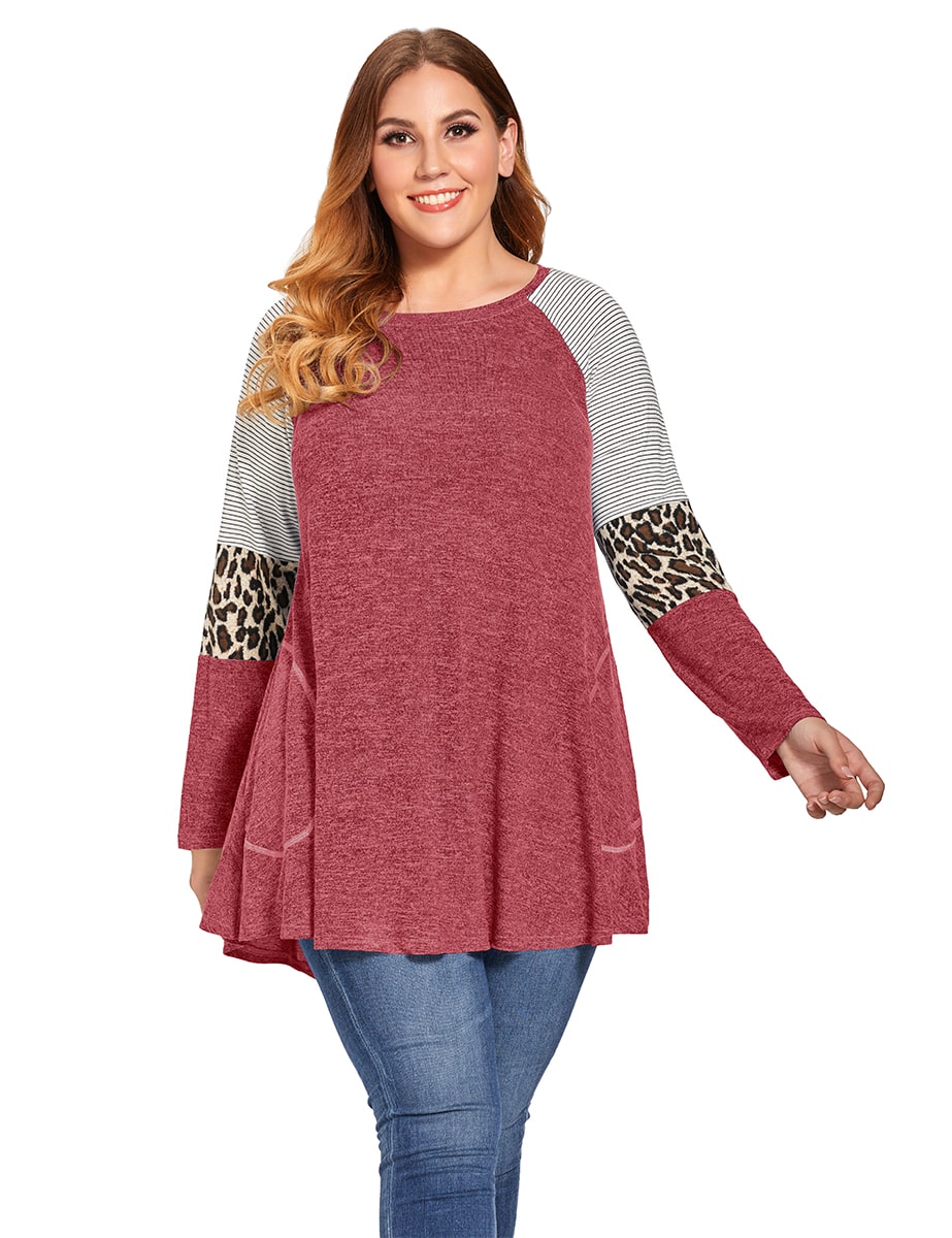 LARACE Plus Size Leopard Long Sleeve Shirt with Pocket-8083.