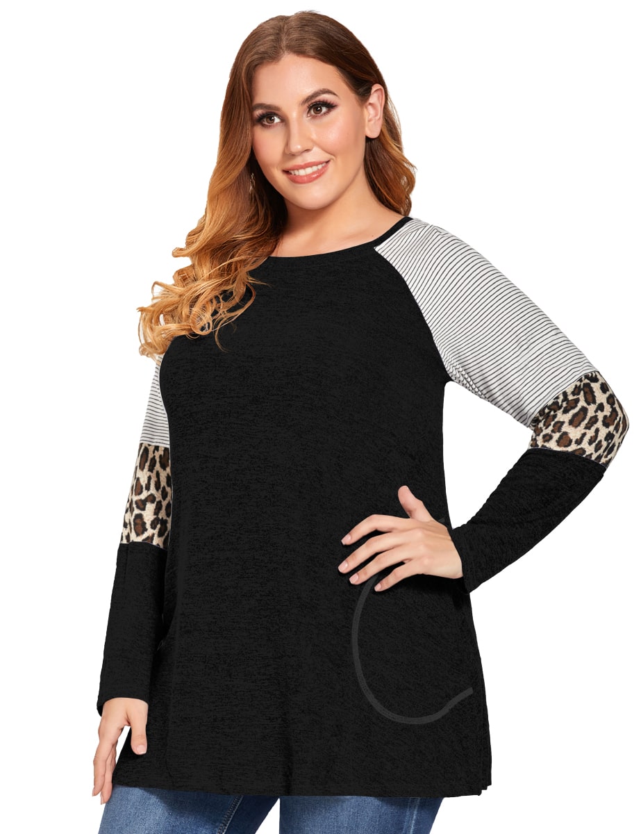 LARACE Plus Size Leopard Long Sleeve Shirt with Pocket-8083.