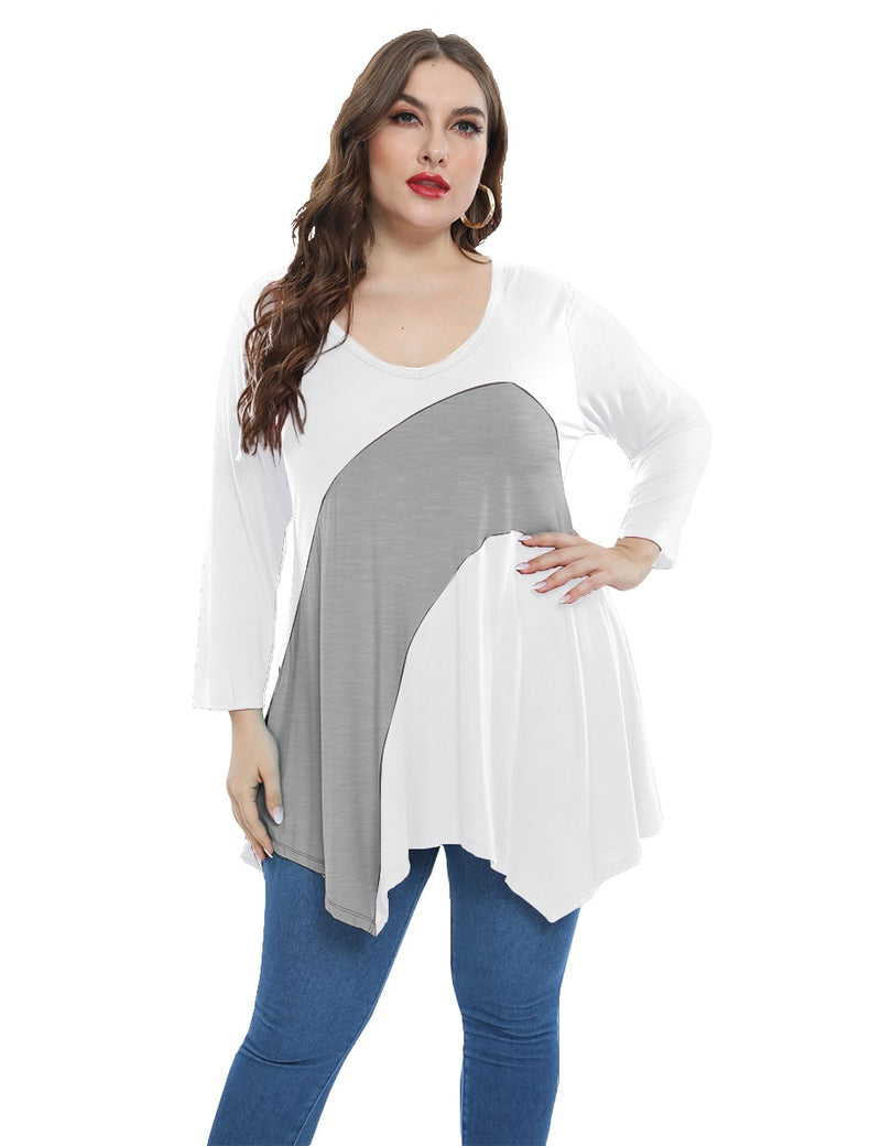 Color Block  Tunic V-Neck Plus Size  3/4 Sleeves Tops-LARACE 8082.