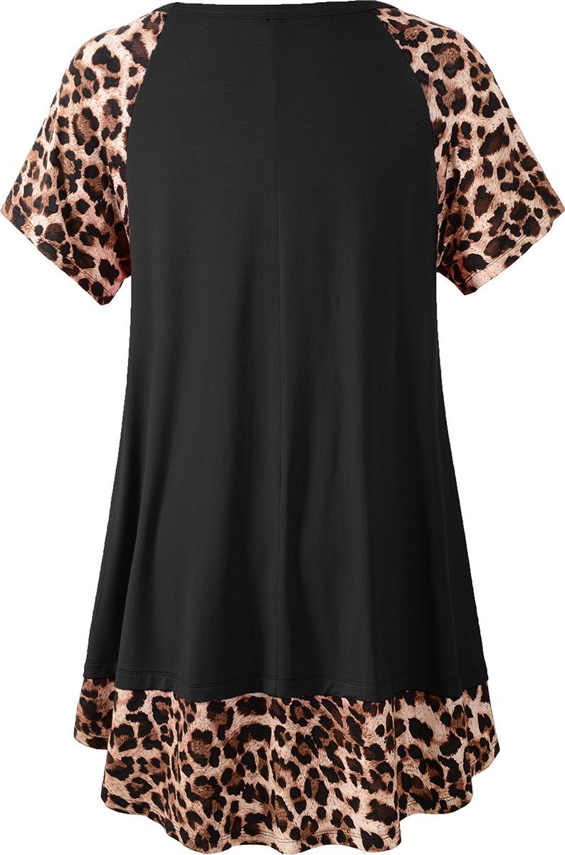 LARACE Plus Size Tunic Leopard Tops for Women Contrast Color Short Sleeve Summer T-Shirt-8065.