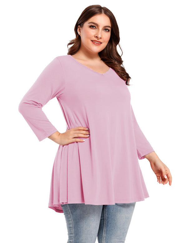 Women's V Neck Loose Fit Flowy 3/4 Sleeve Plus Size Top -LARACE 8057.