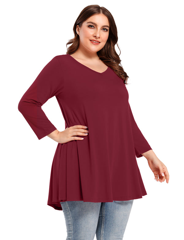 Women's V Neck Loose Fit Flowy 3/4 Sleeve Plus Size Top -LARACE 8057.