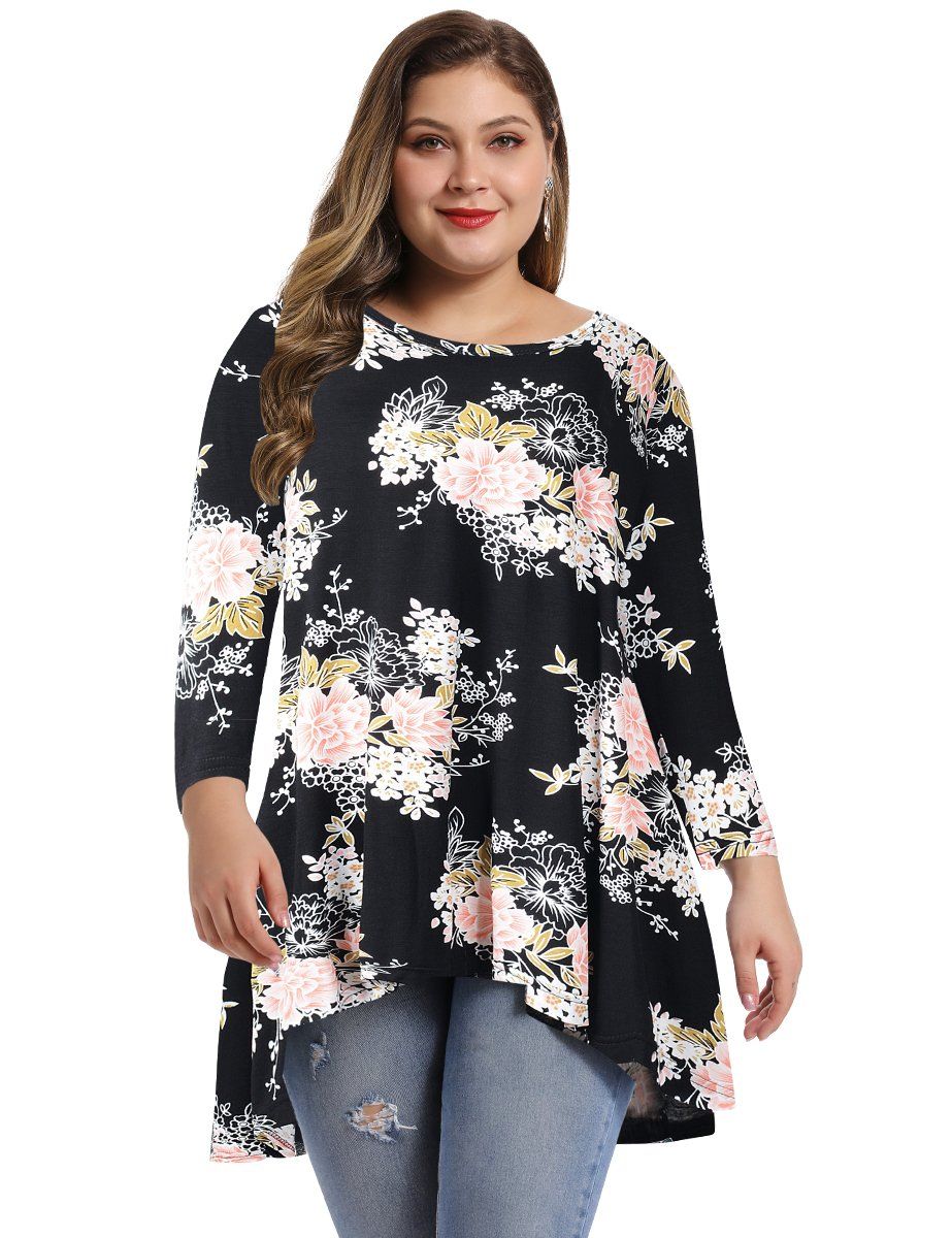 Women's Plus Size Tops floral printed 3/4 Sleeve Loose Fit Flare Swing Tunic -LARACE 8052.