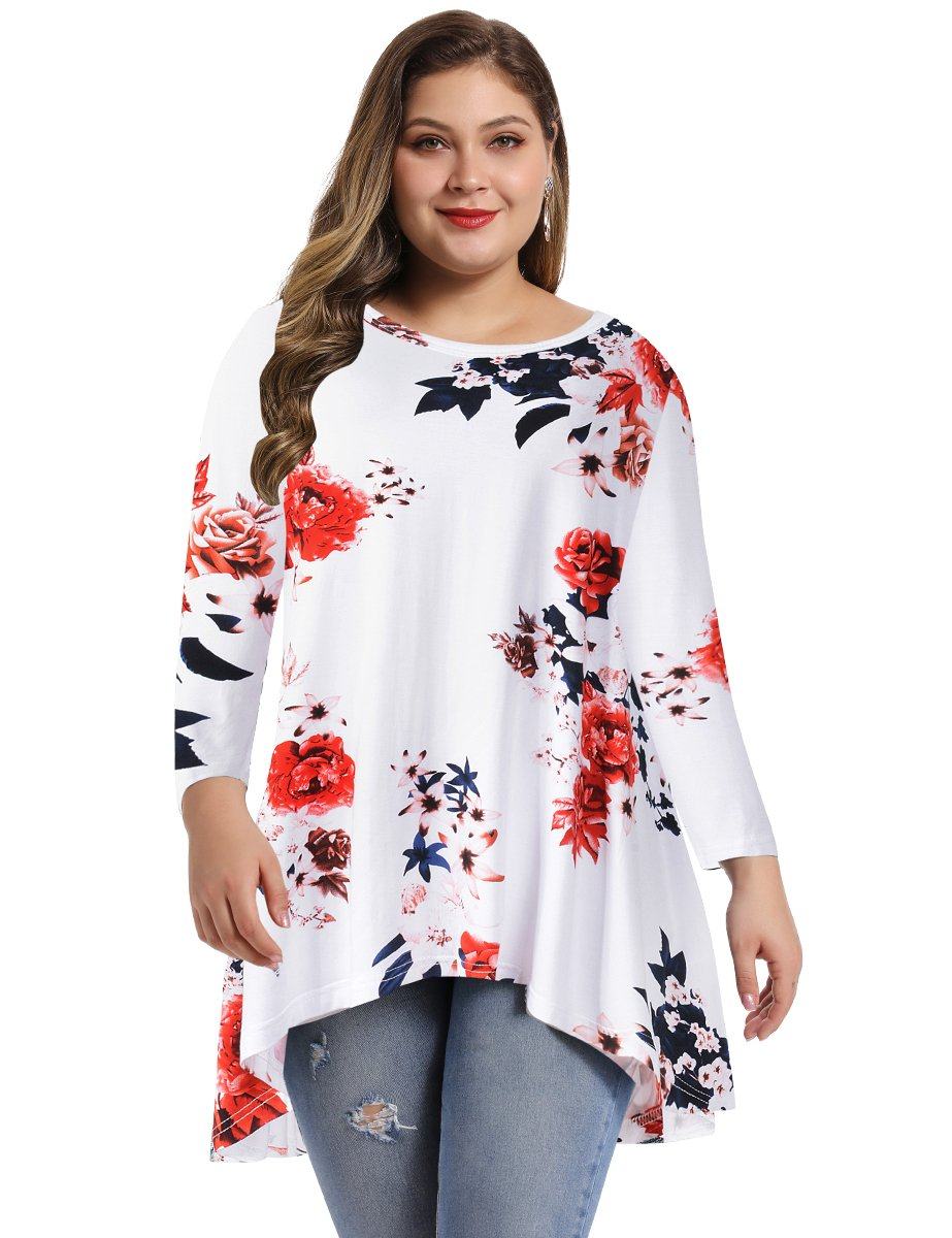 Women's Plus Size Tops floral printed 3/4 Sleeve Loose Fit Flare Swing Tunic -LARACE 8052.