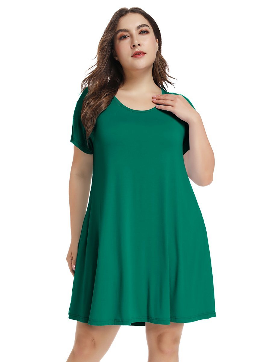 Women's Short Sleeve Swing Tunic Casual Pockets Loose T Shirt Dress-LARACE 8049.