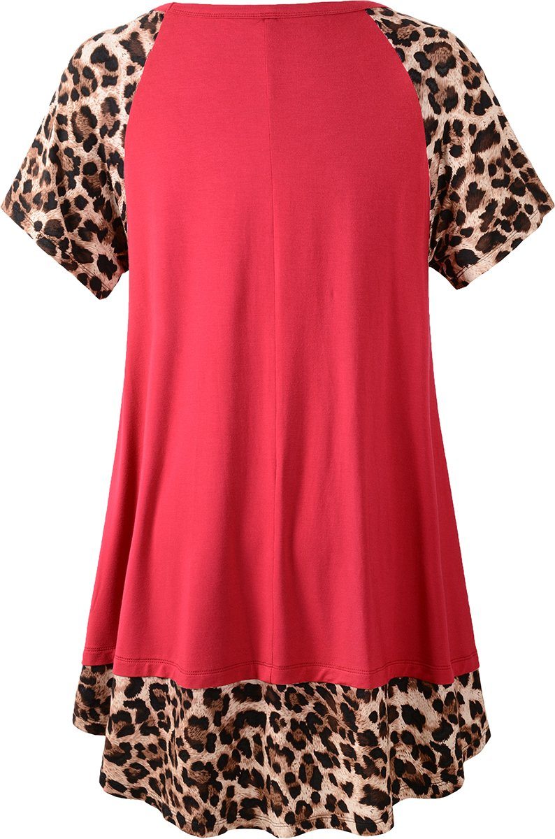 LARACE Plus Size Tunic Leopard Tops for Women Contrast Color Short Sleeve Summer T-Shirt-8065.