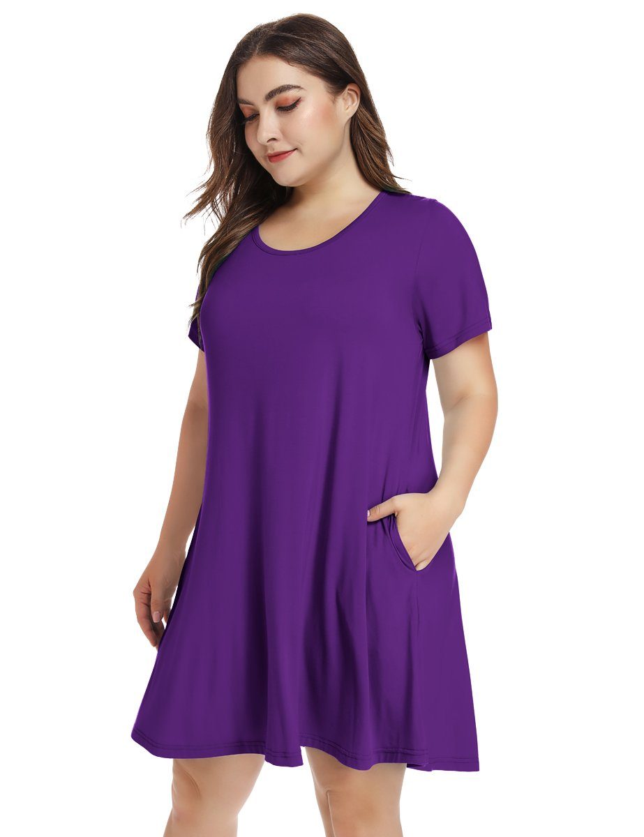 Women's Short Sleeve Swing Tunic Casual Pockets Loose T Shirt Dress-LARACE 8049.