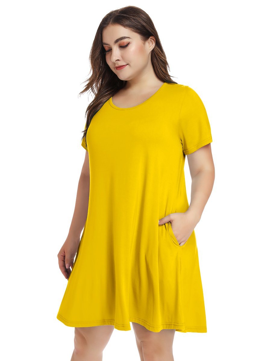 Women's Short Sleeve Swing Tunic Casual Pockets Loose T Shirt Dress-LARACE 8049.