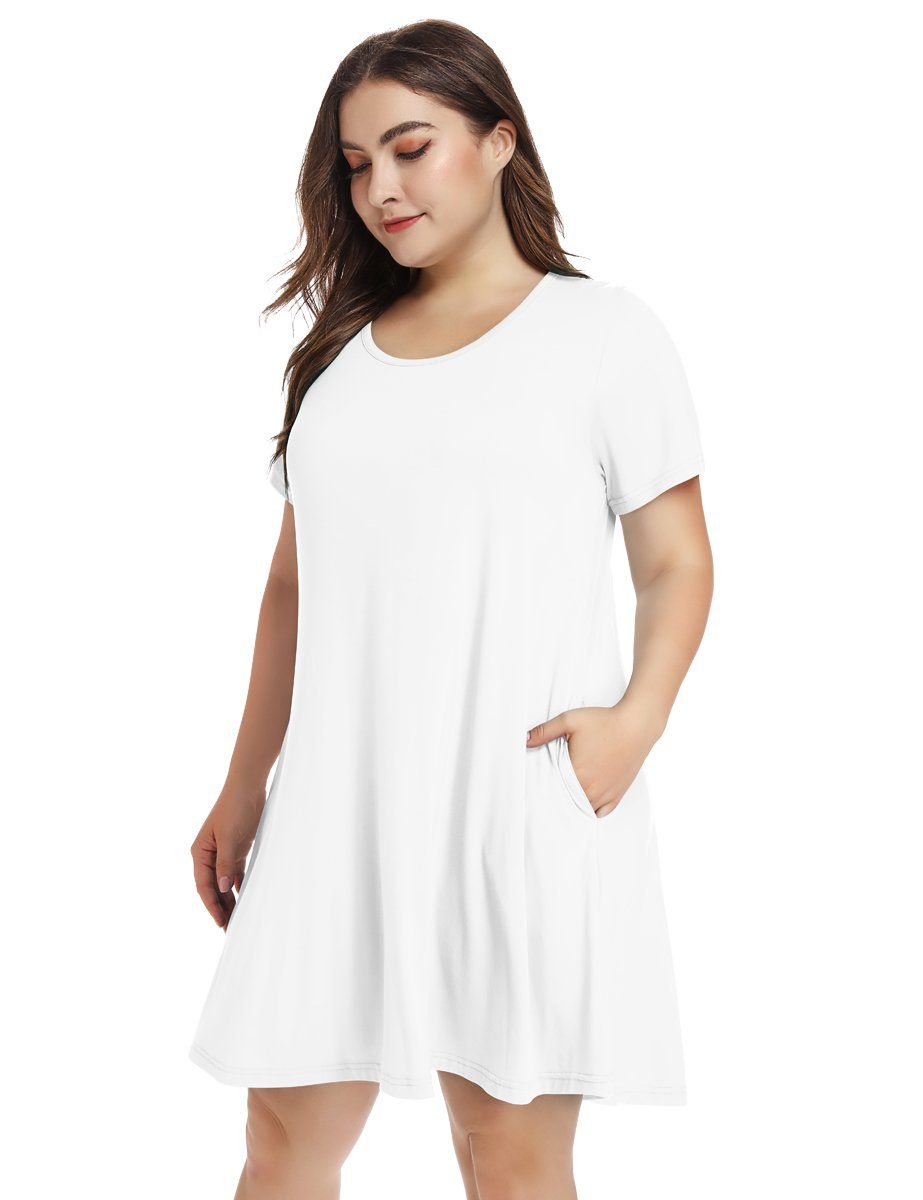 Women's Short Sleeve Swing Tunic Casual Pockets Loose T Shirt Dress-LARACE 8049.