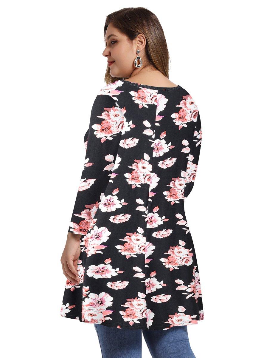 Women's Plus Size Tops floral printed 3/4 Sleeve Loose Fit Flare Swing Tunic -LARACE 8052.