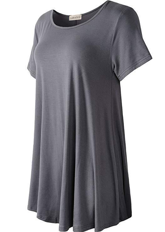 Crew Neck Short Sleeves Flare Tunic Blouse - LARACE 8031.