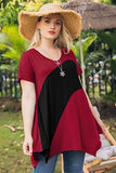 LARACE Color Block V-Neck Flattering Asymmetrical Hemline Long Shirt 6XL-8067.