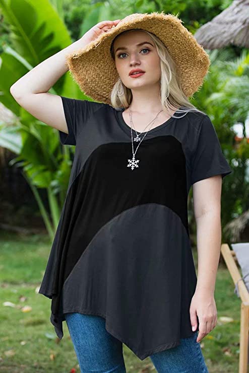 LARACE Color Block V-Neck Flattering Asymmetrical Hemline Long Shirt 6XL-8067.