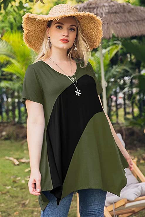 LARACE Color Block V-Neck Flattering Asymmetrical Hemline Long Shirt 6XL-8067.