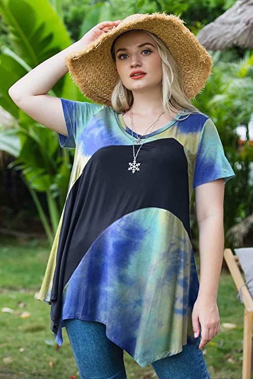 LARACE Color Block V-Neck Flattering Asymmetrical Hemline Long Shirt 6XL-8067.