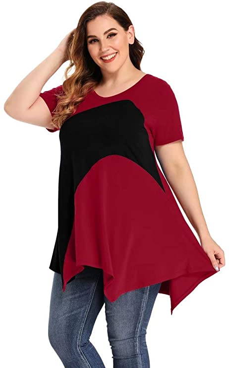 LARACE Color Block V-Neck Flattering Asymmetrical Hemline Long Shirt 6XL-8067.