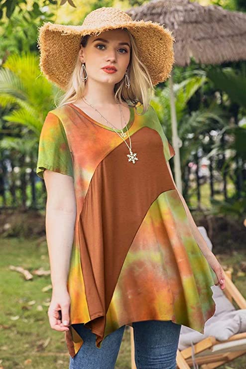 LARACE Color Block V-Neck Flattering Asymmetrical Hemline Long Shirt 6XL-8067.