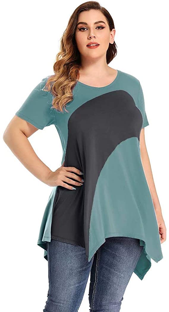 LARACE Color Block V-Neck Flattering Asymmetrical Hemline Long Shirt 6XL-8067.