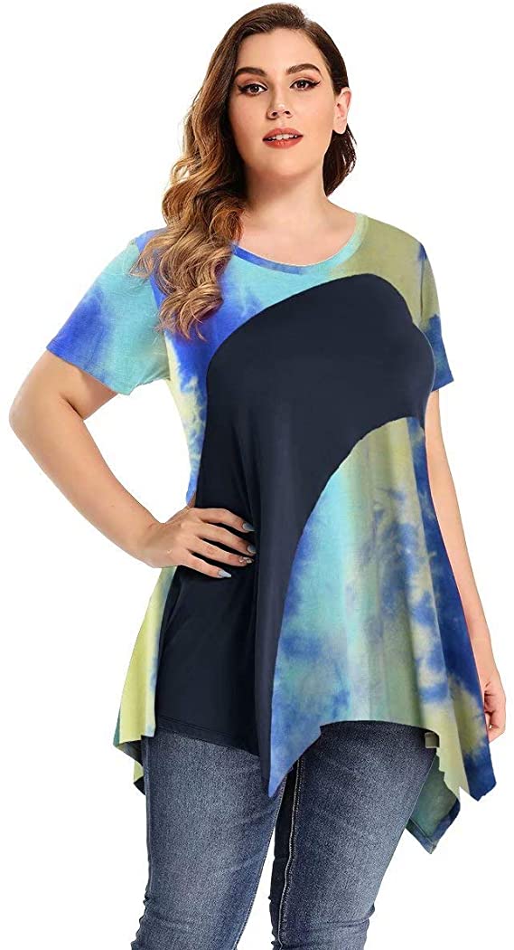 LARACE Color Block V-Neck Flattering Asymmetrical Hemline Long Shirt 6XL-8067.