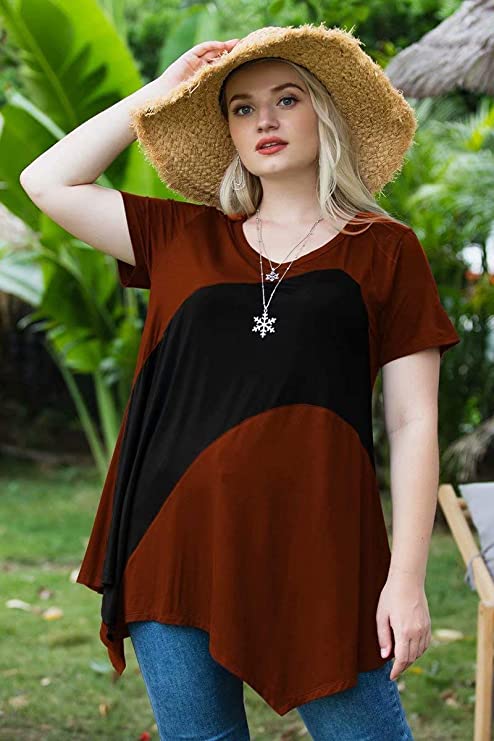 LARACE Color Block V-Neck Flattering Asymmetrical Hemline Long Shirt 6XL-8067.