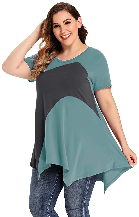 LARACE Color Block V-Neck Flattering Asymmetrical Hemline Long Shirt 6XL-8067.