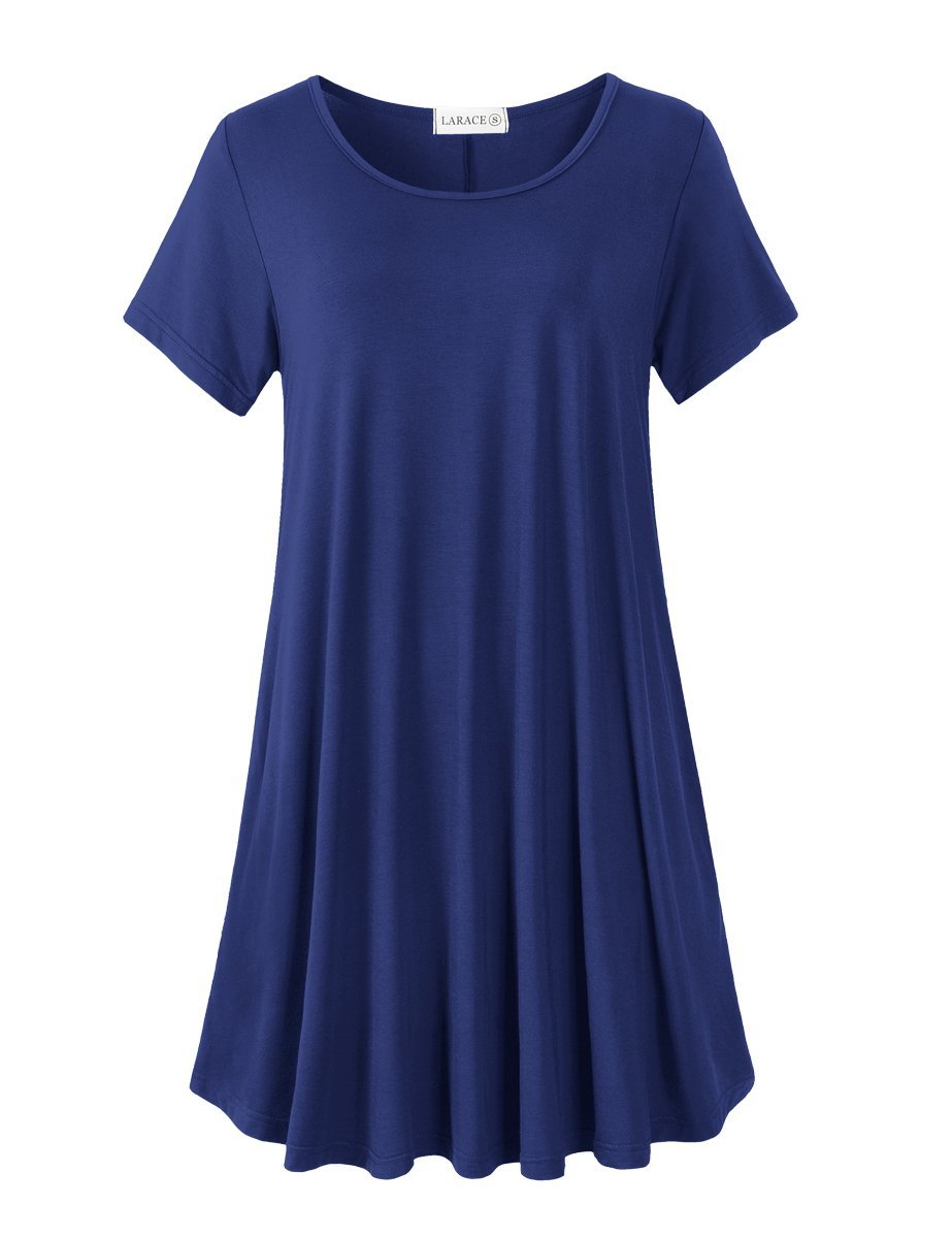 Women's Short Sleeve Swing Tunic Casual Pockets Loose T Shirt Dress-LARACE 8049.