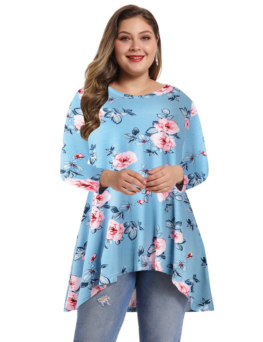 Women's Plus Size Tops floral printed 3/4 Sleeve Loose Fit Flare Swing Tunic -LARACE 8052.