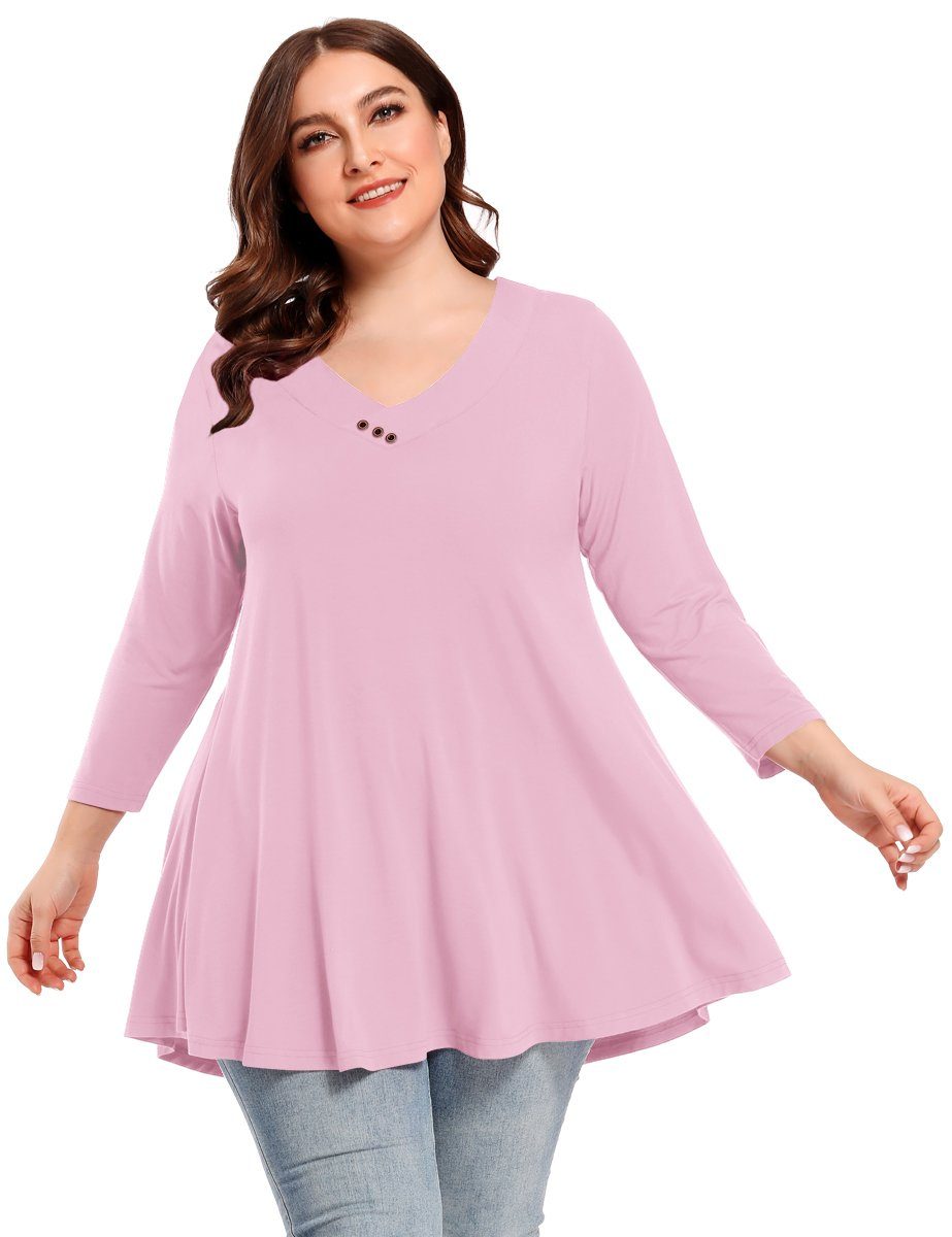 Women's Plus Size  V Neck Blouses 3/4 Sleeve Basic T Shirt-LARACE 8058.
