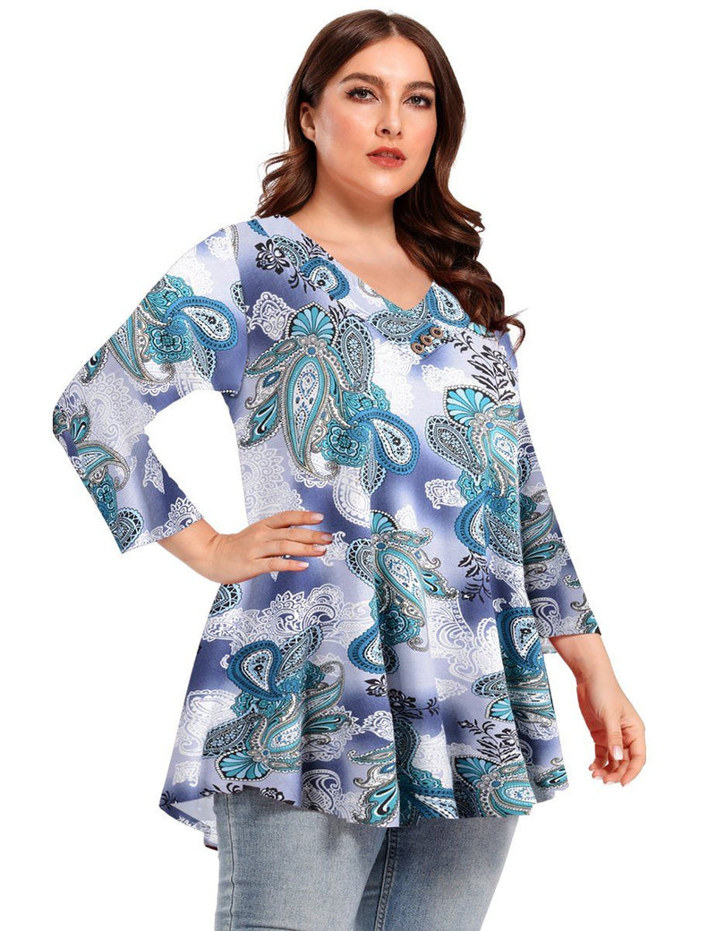 Women's Plus Size  V Neck Blouses 3/4 Sleeve Basic T Shirt-LARACE 8058.