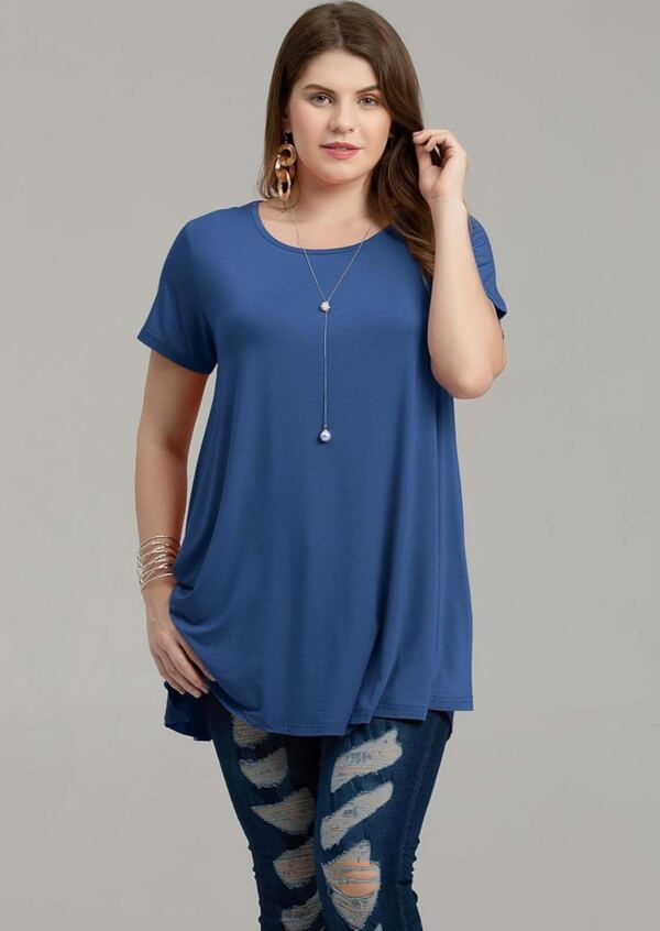 Crew Neck Short Sleeves Flare Tunic Blouse - LARACE 8031.