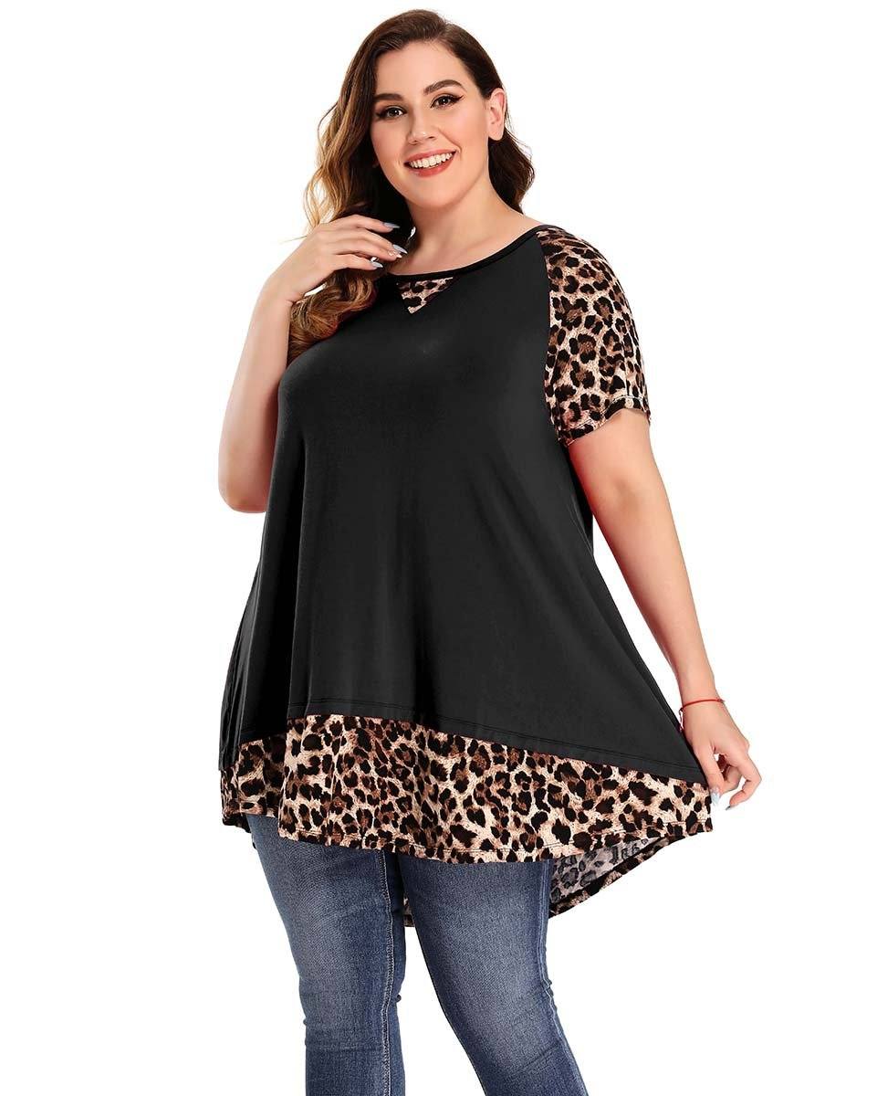 LARACE Plus Size Tunic Leopard Tops for Women Contrast Color Short Sleeve Summer T-Shirt-8065.