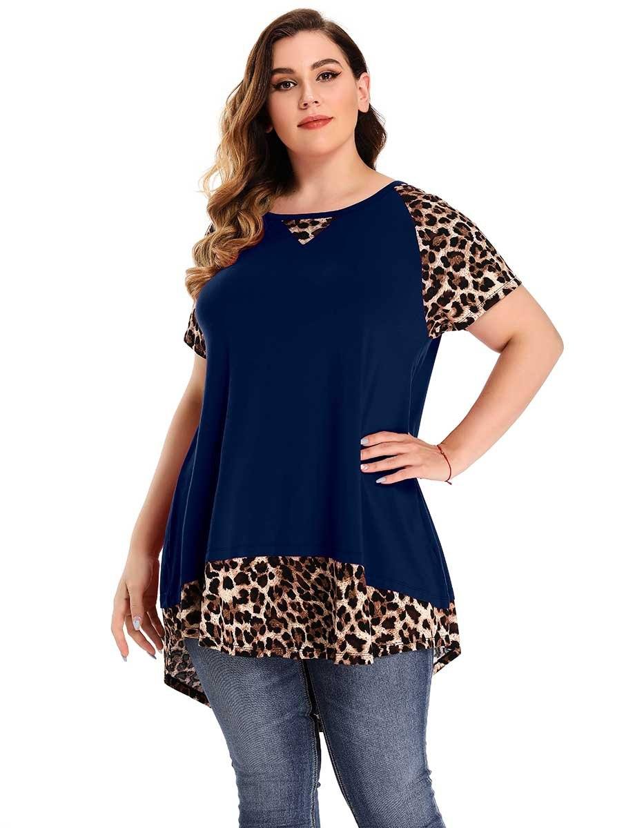 LARACE Plus Size Tunic Leopard Tops for Women Contrast Color Short Sleeve Summer T-Shirt-8065.