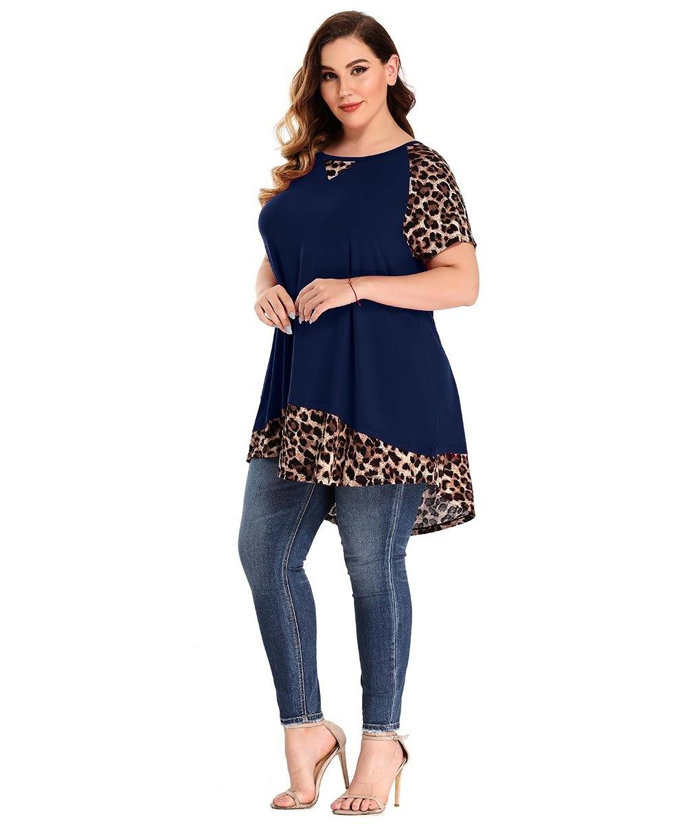 LARACE Plus Size Tunic Leopard Tops for Women Contrast Color Short Sleeve Summer T-Shirt-8065.
