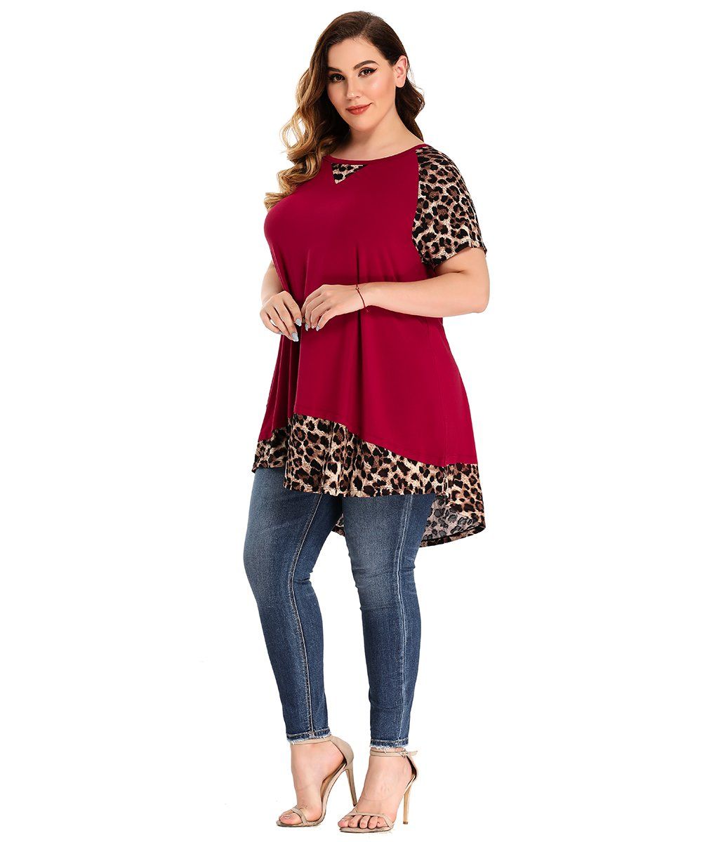 LARACE Plus Size Tunic Leopard Tops for Women Contrast Color Short Sleeve Summer T-Shirt-8065.