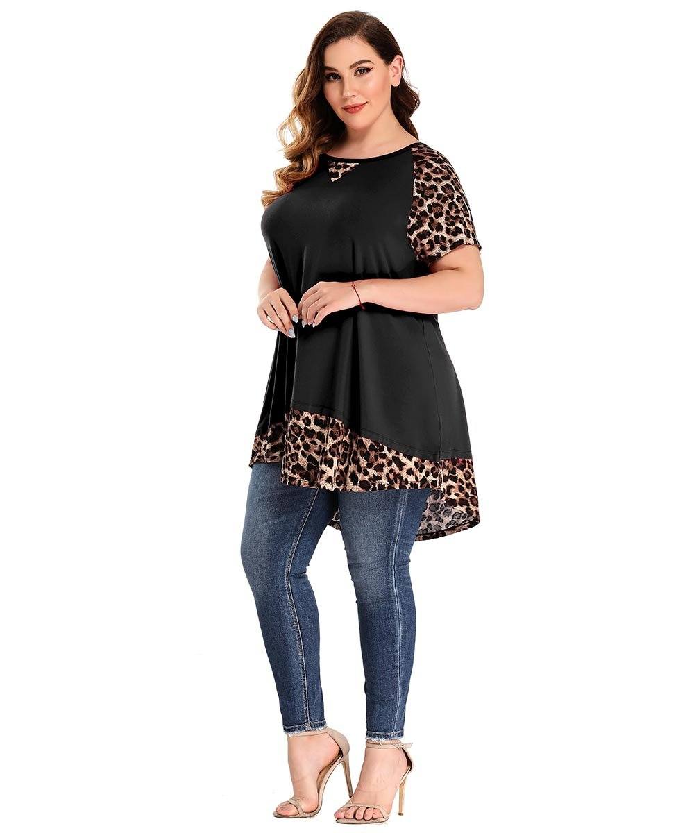 LARACE Plus Size Tunic Leopard Tops for Women Contrast Color Short Sleeve Summer T-Shirt-8065.