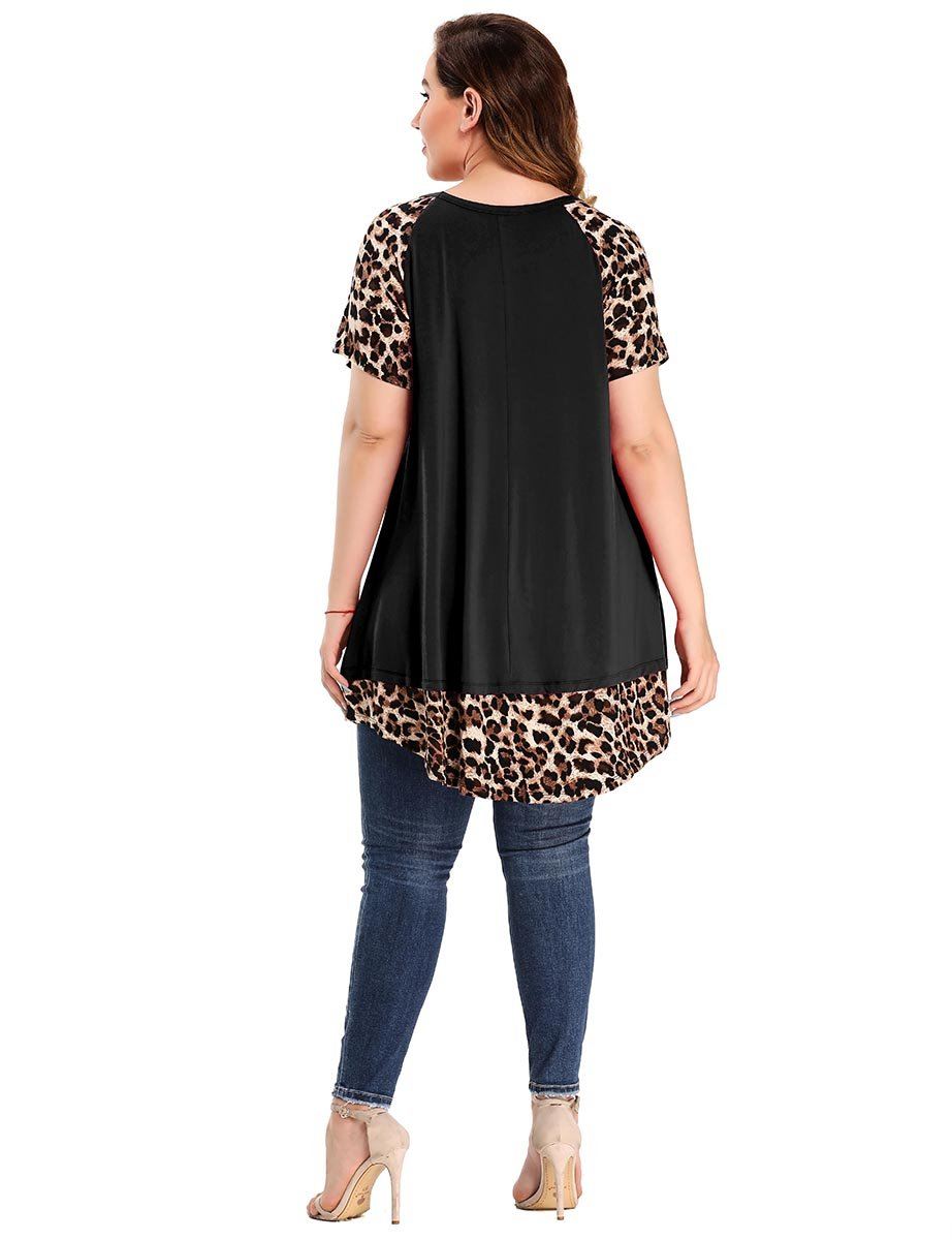 LARACE Plus Size Tunic Leopard Tops for Women Contrast Color Short Sleeve Summer T-Shirt-8065.