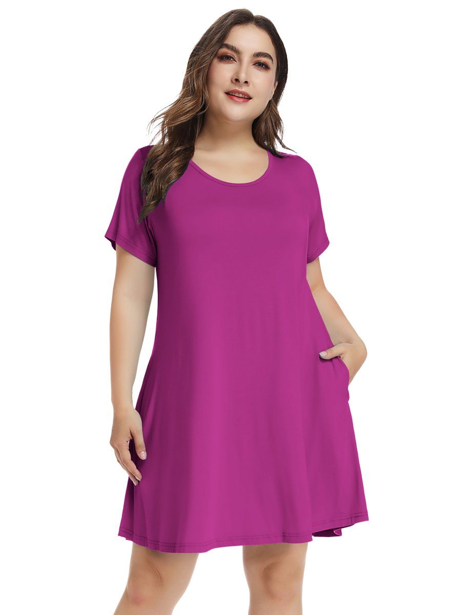 Women's Short Sleeve Swing Tunic Casual Pockets Loose T Shirt Dress-LARACE 8049.