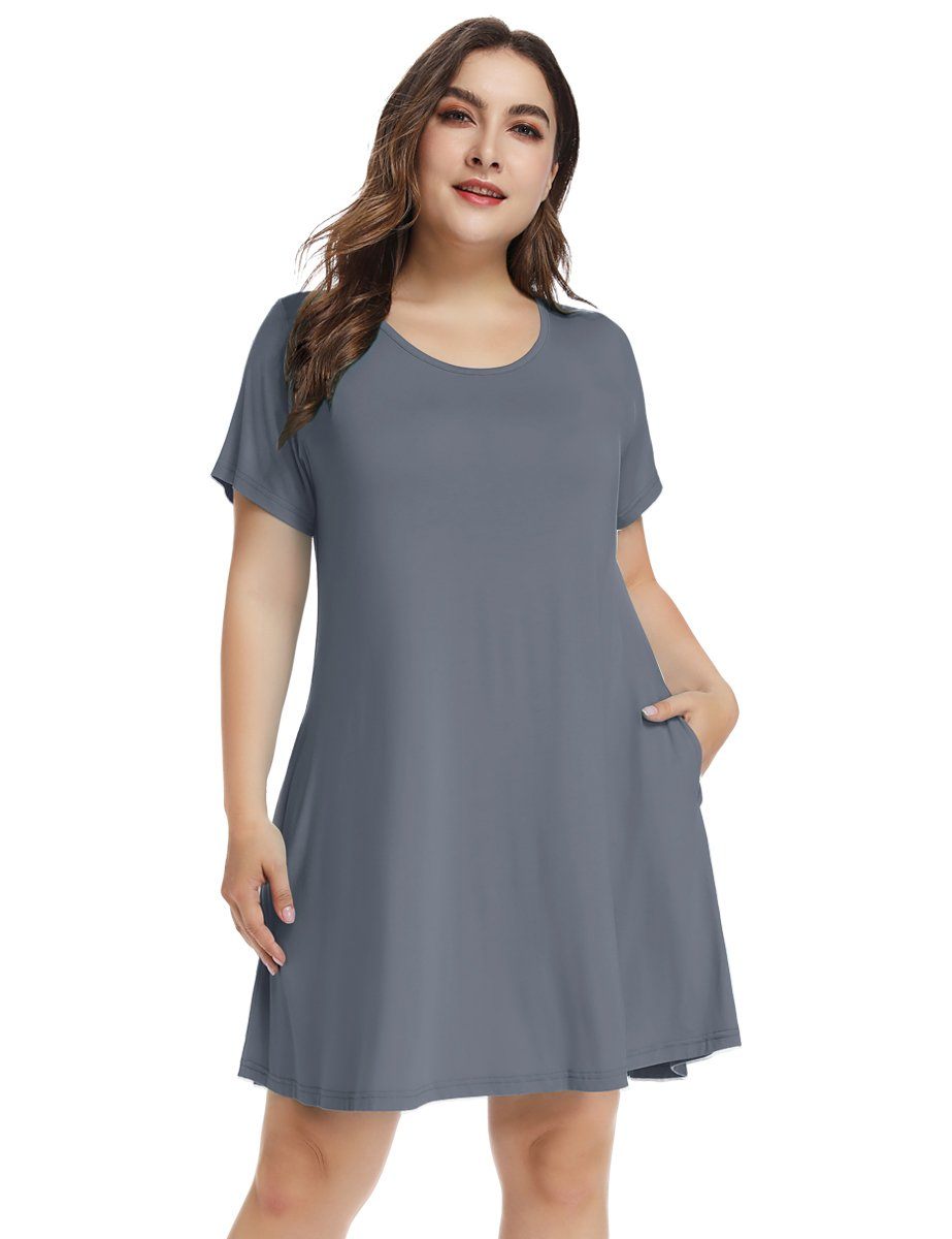 Women's Short Sleeve Swing Tunic Casual Pockets Loose T Shirt Dress-LARACE 8049.