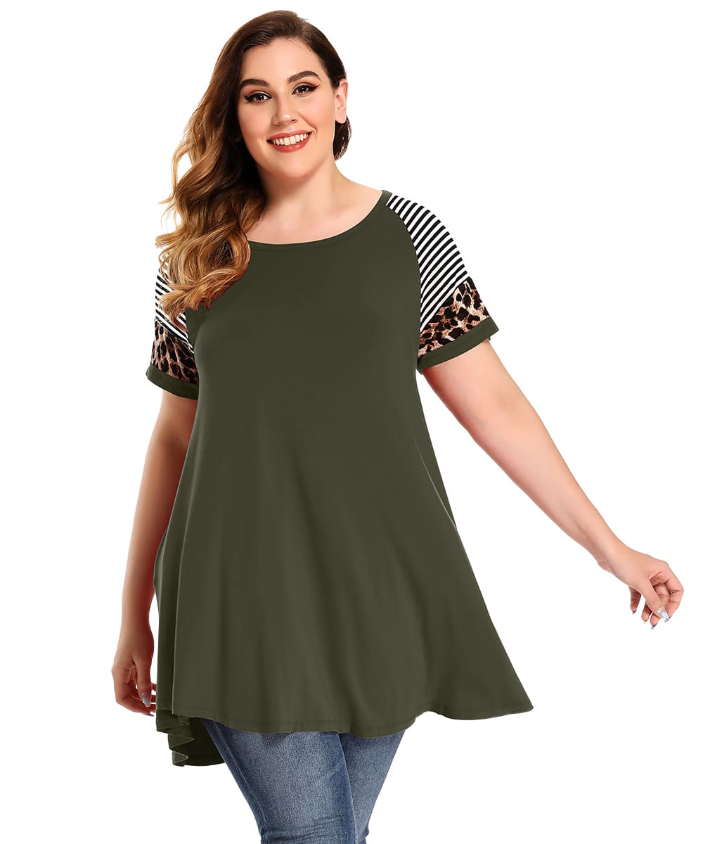 LARACE Leopard Print Tunics Color Block Long Tee Shirt-8064.