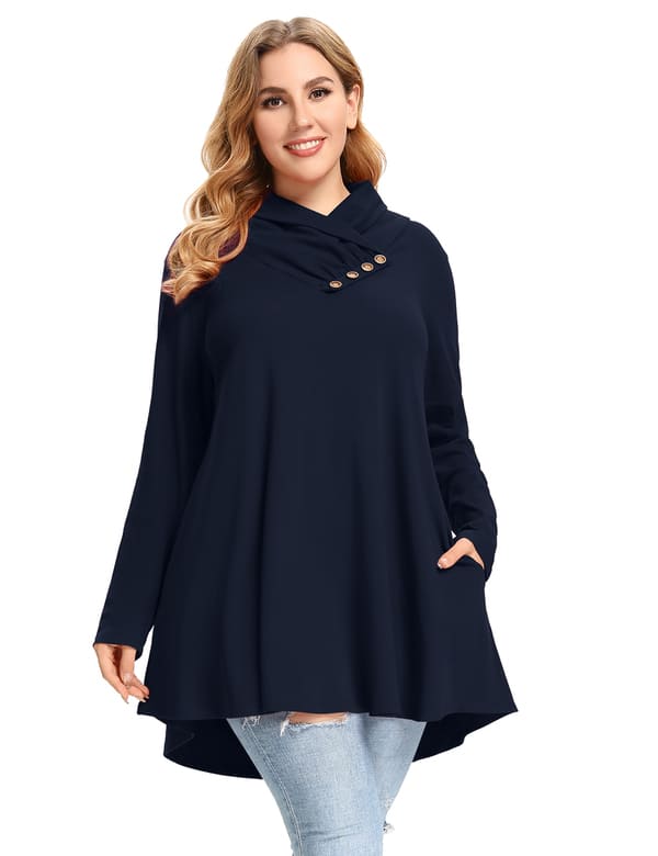 Cowl Neck Sweatshirts Plus Size Tops with Pockets Long Sleeve Tunic Casual Pullover-LARACE 8098.