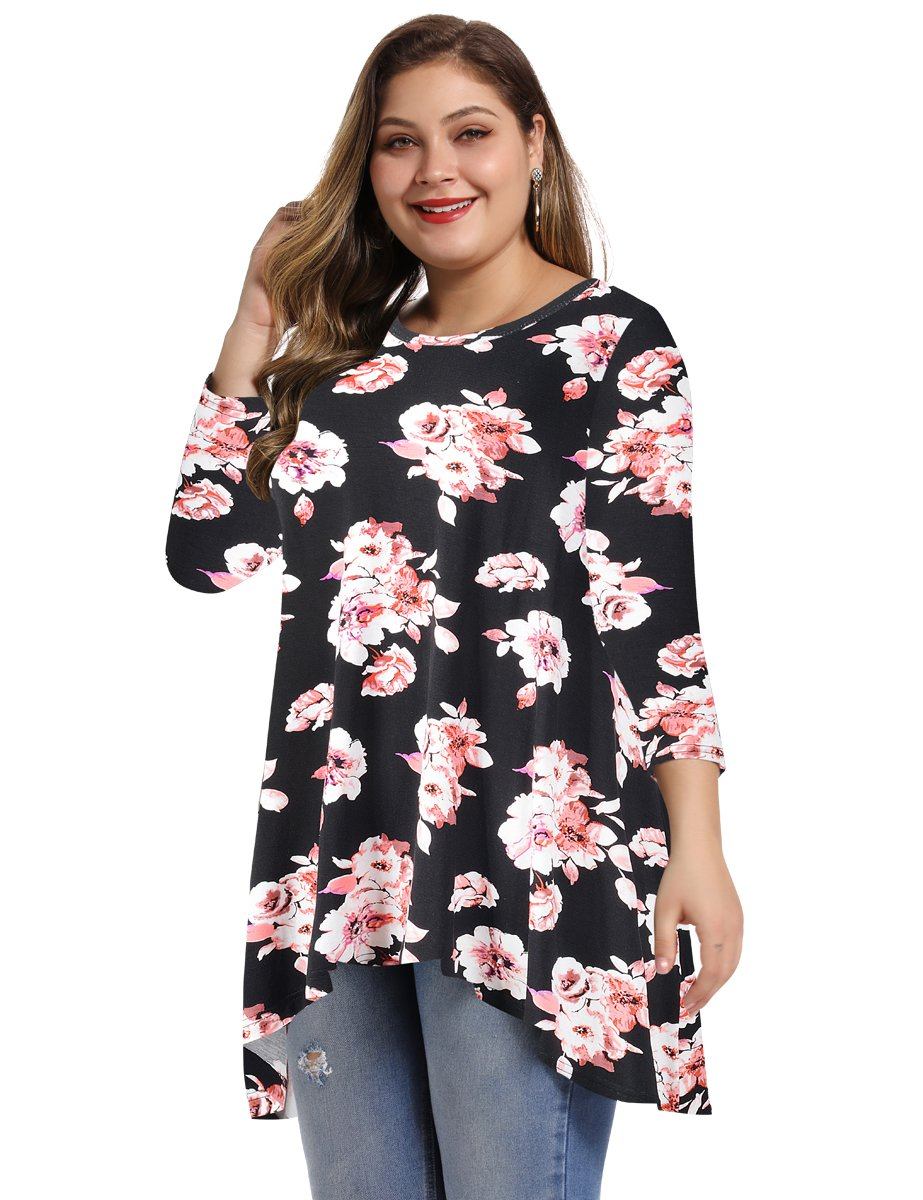 Women's Plus Size Tops floral printed 3/4 Sleeve Loose Fit Flare Swing Tunic -LARACE 8052.