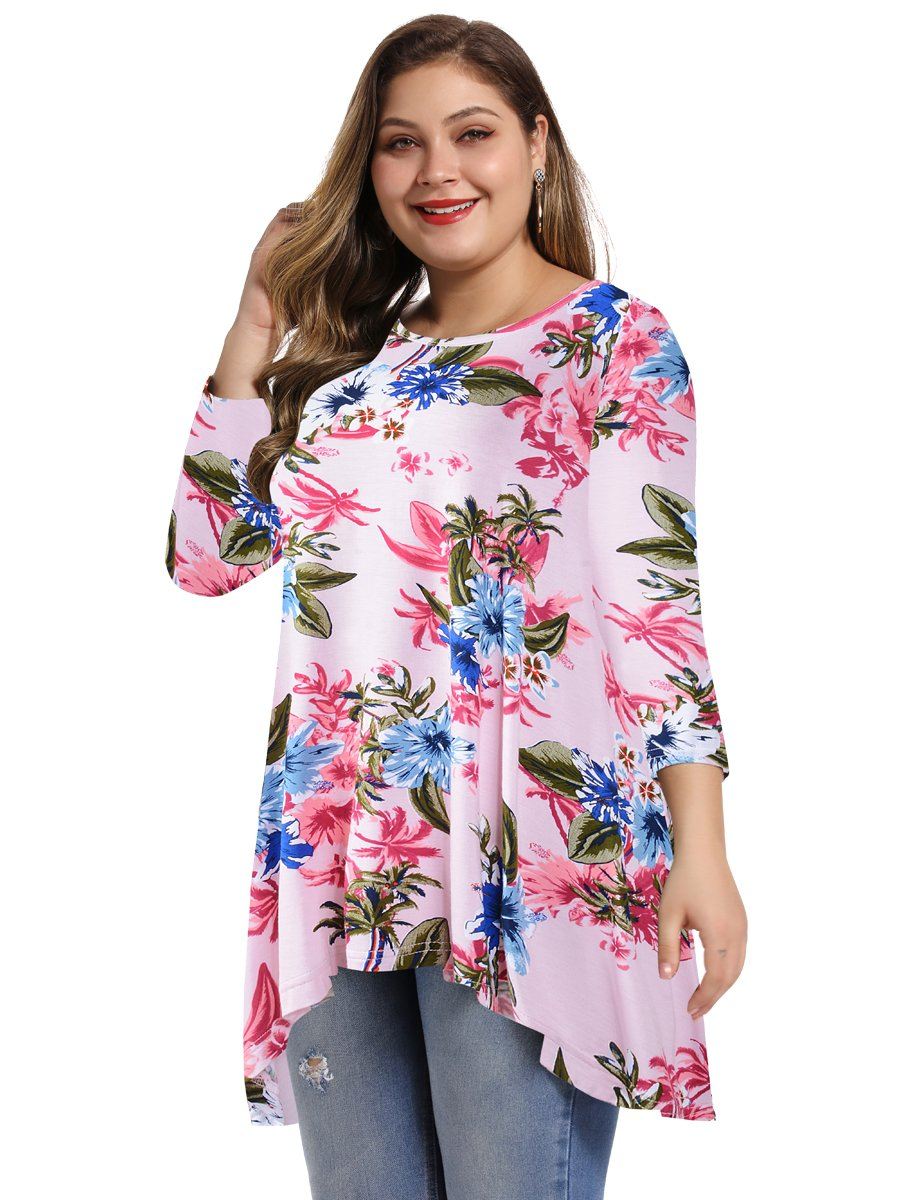 Women's Plus Size Tops floral printed 3/4 Sleeve Loose Fit Flare Swing Tunic -LARACE 8052.